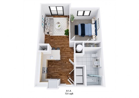 Floor plan for 1 bed, 1 bath, 672 sqft